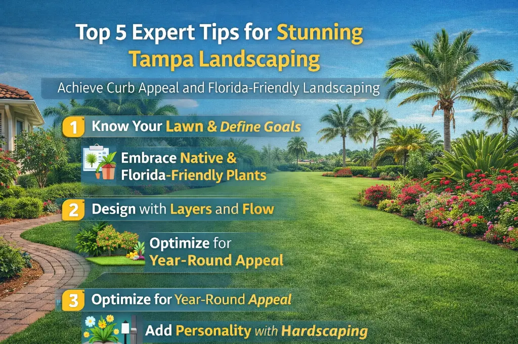 Top 5 expert tips for stunning Tampa landscaping with curb appeal, Florida-friendly plants, layered design, year-round optimization, and hardscaping.