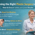 Infographic on choosing the right plastic surgery in Tampa, highlighting board certification, before & after reviews, and hospital privileges.