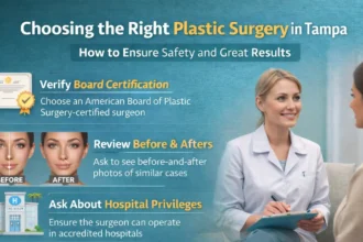 Infographic on choosing the right plastic surgery in Tampa, highlighting board certification, before & after reviews, and hospital privileges.